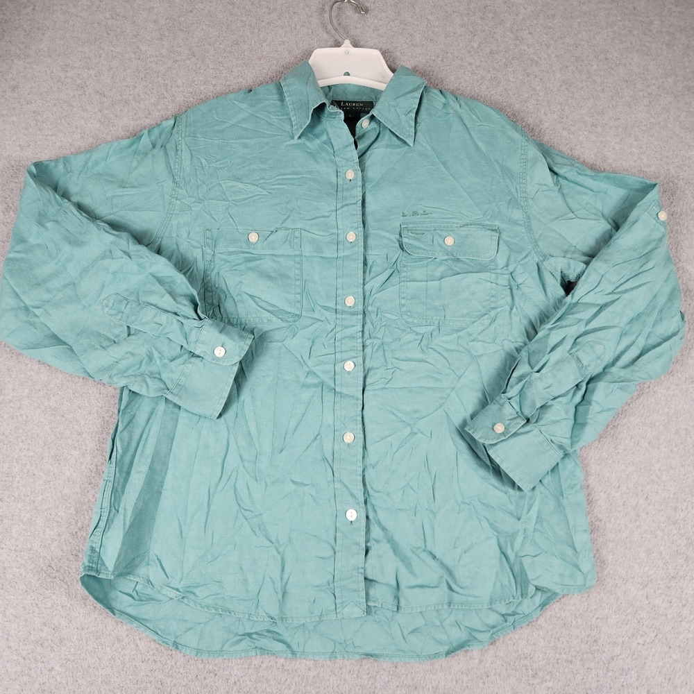 Lauren Ralph Lauren Shirt Womens L Teal Linen Flap Pocket Long Sleeve Button Up